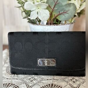 Coach Chelsea Black Signature Turn Lock Envelope Checkbook Wallet Clutch
